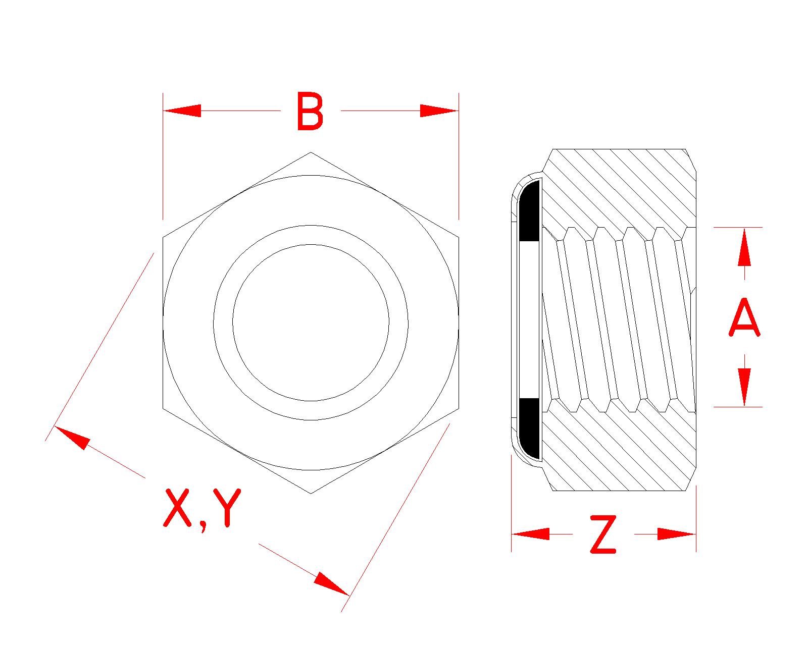 Stainless Steel Nylon Insert Lock Nut, UNC Thread, S0303-NI07, S0303-NI08, Line Drawing